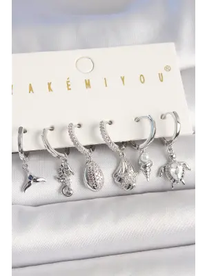 Pirinç Gümüş Renk Zirkon Taşlı Deniz Kabuğu Model Kaplumbağa Detay Kadın Küpe Kombin