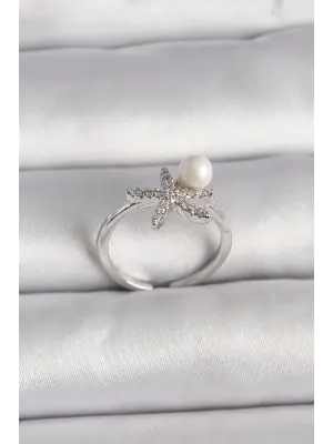  Gümüş Zirkon Taşlı Deniz Yıldızı Model İnci Detay Ayarlanabilir Yüzük