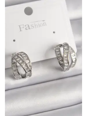  Gümüş Zirkon Taşlı Düğüm Halka Model Çelik Küpe