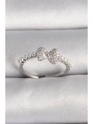  Gümüş Zirkon Taşlı Fiyonk İnci Detay Ayarlanabilir Yüzük