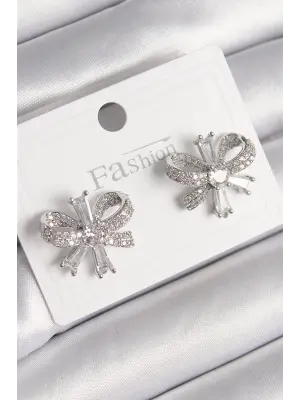  Gümüş Zirkon Taşlı Fiyonk Model Çelik Küpe