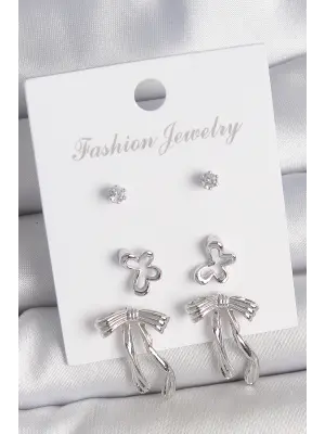 Pirinç Gümüş Renk Zirkon Taşlı Fiyonk Model Kelebek Detay 3 Çift Kadın Küpe