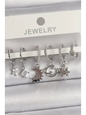 Gümüş Zirkon Taşlı Gezgen Model Çelik Küpe Seti