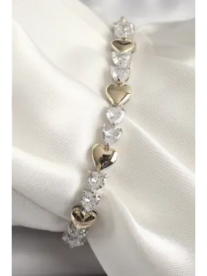 Pirinç Gümüş Renk Zirkon Taşlı Gold Kalpli VIP Seri Kadın Bileklik