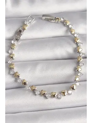 Pirinç Gümüş Renk Zirkon Taşlı Gold Kalpli VIP Seri Kadın Bileklik