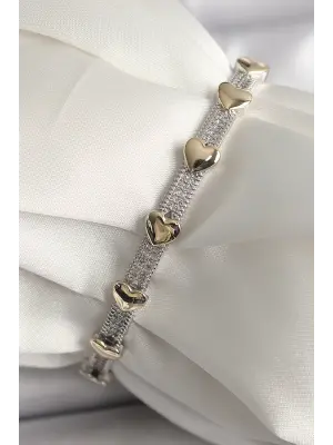 Pirinç Gümüş Renk Zirkon Taşlı Gold Kalpli VIP Seri Kadın Bileklik