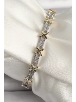 Pirinç Gümüş Renk Zirkon Taşlı Gold Xoxo Model VIP Seri Kadın Bileklik
