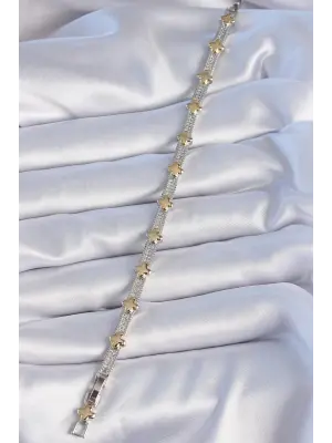 Pirinç Gümüş Renk Zirkon Taşlı Gold Yonca Model VİP Seri Kadın Bileklik