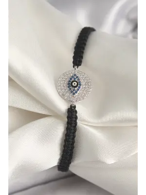 Pirinç Gümüş Renk Zirkon Taşlı Göz İşlemeli Figür Asansörlü Makrome Model Kadın Bileklik