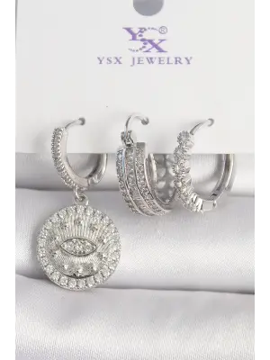 Pirinç Gümüş Renk Zirkon Taşlı Göz İşlemeli Halka Model 3Lü Kadın Kombin Küpe