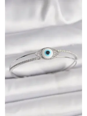 Pirinç Gümüş Renk Zirkon Taşlı Göz Model Kadın Bileklik