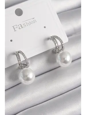 Gümüş Zirkon Taşlı Halka İnci Detay Çelik Küpe