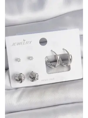 Pirinç Gümüş Renk Zirkon Taşlı Halka Model 3 Çift Kadın Küpe Seti