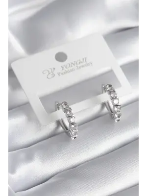  Gümüş Zirkon Taşlı Halka Model Çelik Küpe