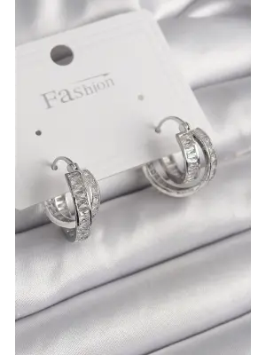  Gümüş Zirkon Taşlı Halka Model Çelik Küpe