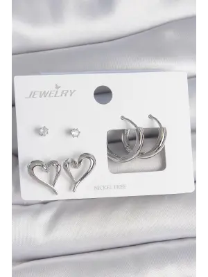 Pirinç Gümüş Renk Zirkon Taşlı Halka Model Kalp Detay 3 Çift Kadın Küpe Seti