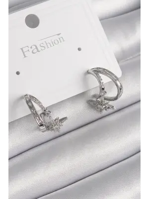  Gümüş Zirkon Taşlı Halka Model Sallantı Yıldız Detay Çelik Küpe