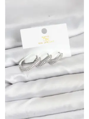 Çelik Gümüş Renk Zirkon Taşlı Halka Model YSX Trio Küpe Seti