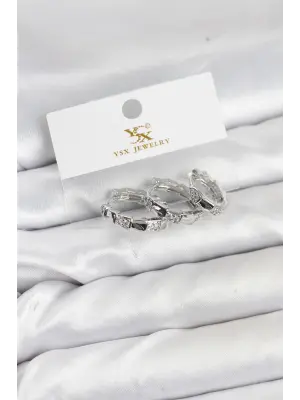 Çelik Gümüş Renk Zirkon Taşlı Halka Yılan Model YSX Trio Küpe Seti