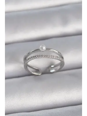  Gümüş Zirkon Taşlı İnci Detay Ayarlanabilir Model Çelik Yüzük