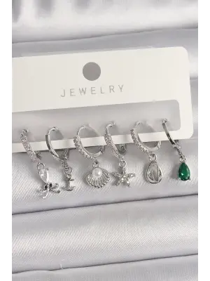  Gümüş Zirkon Taşlı İnci Detay Çoklu Figür Çelik Küpe Seti