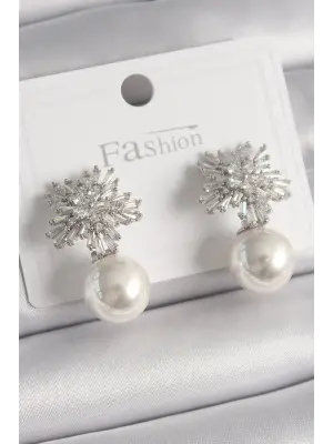  Gümüş Zirkon Taşlı İnci Detay Çelik Küpe