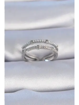  Gümüş Zirkon Taşlı İnci Detay Çelik Yüzük