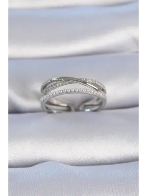  Gümüş Zirkon Taşlı İnci Detay Çelik Yüzük