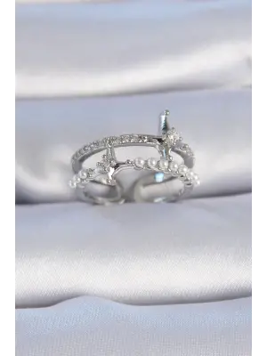  Gümüş Zirkon Taşlı İnci Detay Kutup Yıldızı Model Çelik Yüzük