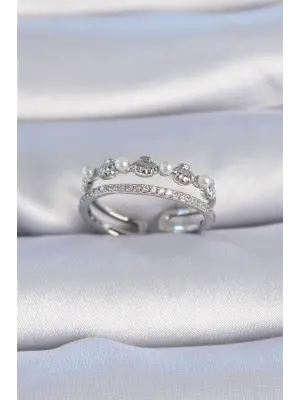  Gümüş Zirkon Taşlı İnci Detay Midye Model Çelik Yüzük