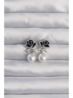  Gümüş Zirkon Taşlı İnci Detay Siyah Gül Küpe