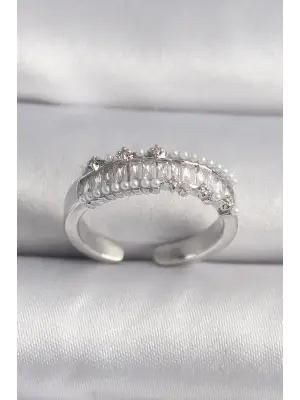  Gümüş Zirkon Taşlı İnci Detay VIP Seri Çelik Yüzük