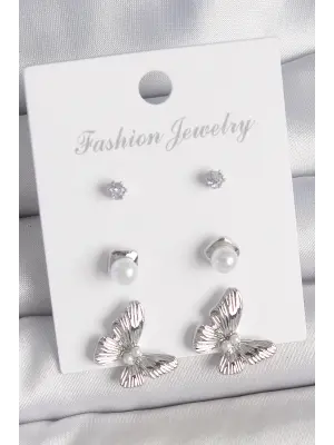 Pirinç Gümüş Renk Zirkon Taşlı İnci Detaylı Kelebek Model 3 Çift Kadın Küpe Seti