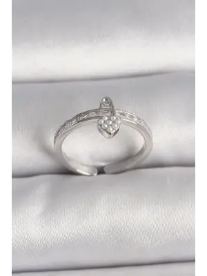  Gümüş Zirkon Taşlı İnci Detaylı Kilit Kalp Model Ayarlanabilir Yüzük