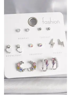  Gümüş Zirkon Taşlı İnci Halka Şimşek Detay 7 Çift Çelik Küpe Seti