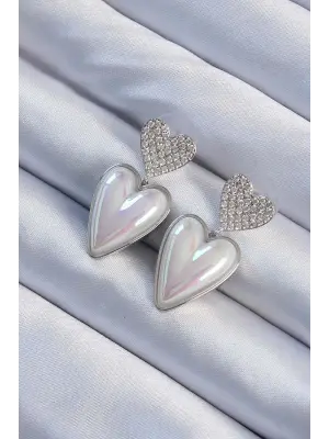  Gümüş Zirkon Taşlı İnci Tasarım Kalp Model Çelik Küpe