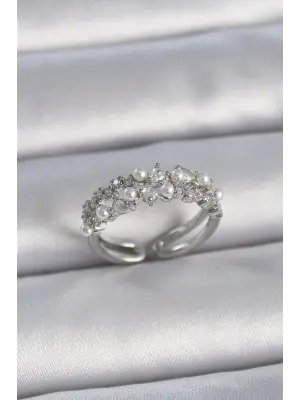  Gümüş Zirkon Taşlı İncili Ayarlanabilir Model Çelik Yüzük