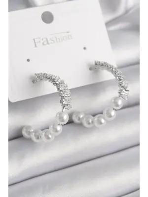  Gümüş Zirkon Taşlı İncili Halka Model Çelik Küpe