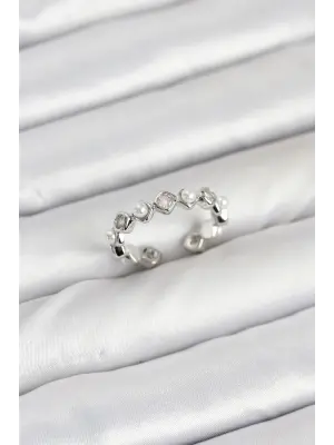 Pirinç Gümüş Renk Zirkon Taşlı İncili Kadın Yüzük