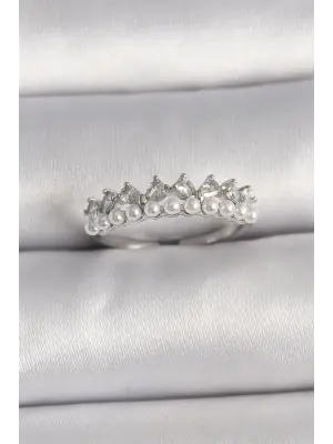  Gümüş Zirkon Taşlı İncili Taç Model Ayarlanabilir Çelik Yüzük