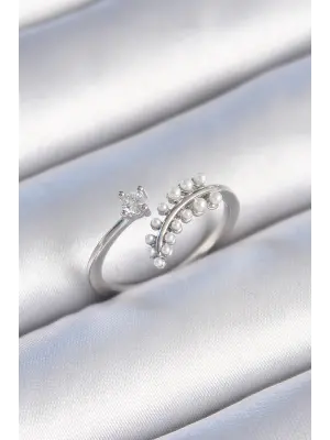  Gümüş Zirkon Taşlı İncili Yaprak Model Çelik Yüzük