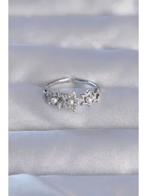  Gümüş Zirkon Taşlı İncili Yıldız Model Ayarlanabilir Yüzük