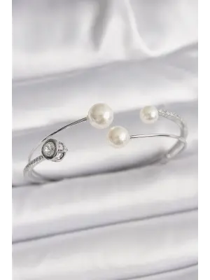 Pirinç Gümüş Renk Zirkon Taşlı İncili Zirkon Taşlı Kadın Bileklik