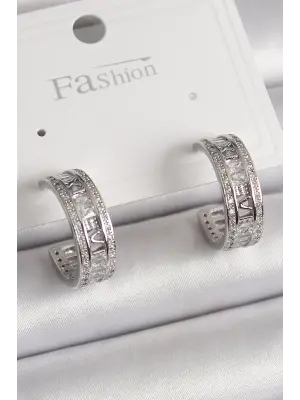  Gümüş Zirkon Taşlı İşleme Detay Halka Model Çelik Küpe