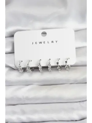 Pirinç Gümüş Renk Zirkon Taşlı Kadın Küpe Seti