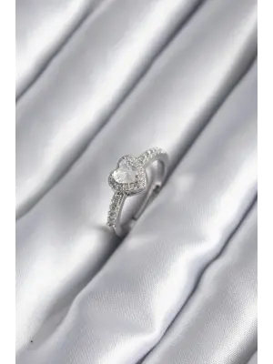  Gümüş Zirkon Taşlı Kalp Charm Model Çelik Yüzük