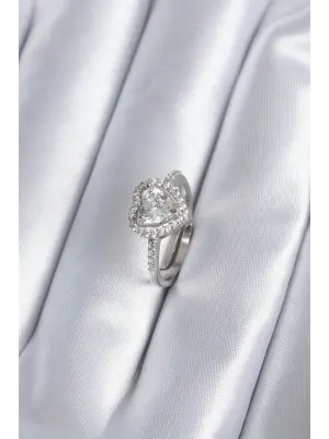  Gümüş Zirkon Taşlı Kalp Charm Model Çelik Yüzük
