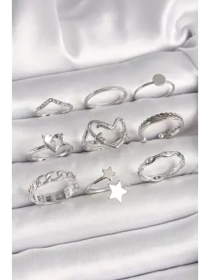 Pirinç Gümüş Renk Zirkon Taşlı Kalp Figür Yıldız Detay Kadın Yüzük Kombini