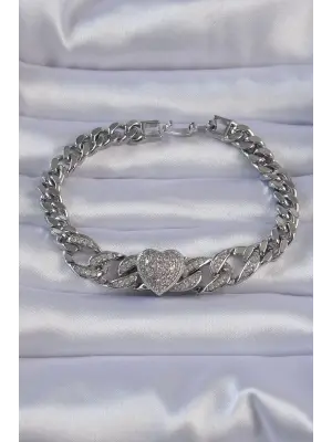 Pirinç Gümüş Renk Zirkon Taşlı Kalp Figürlü Zincir Bileklik