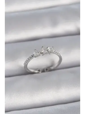  Gümüş Zirkon Taşlı Kalp İnci Detay Ayarlanabilir Model Çelik Yüzük